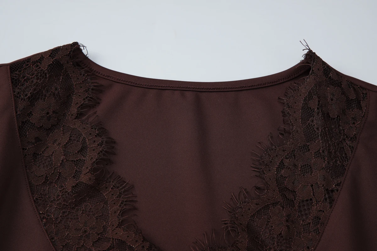 Hugcitar Fashion V-Ausschnitt, einfarbig, langärmelig, mit Spitze, sexy Crop-T-Shirt, Top, passend für Herbst, Damenbekleidung, Party, Nachtclub, T-Shirts – Detail 5