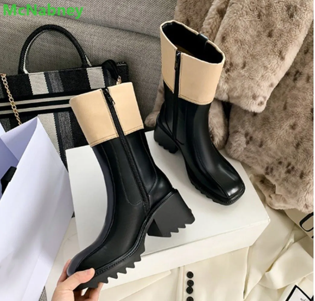 Chunky Heel 2024 New Side Zipper Winter Boots For Female Women Square Toe Ankle High Handmade Luxury Designer Mixed Colors Shoes