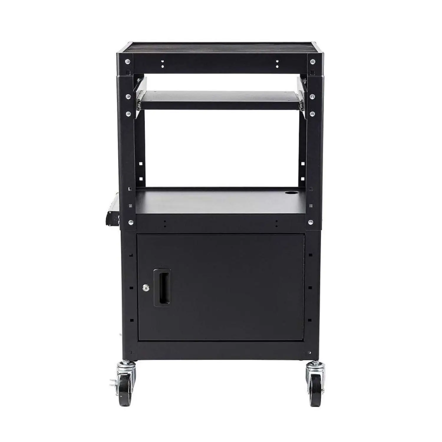 

Metal Rolling AV Cart with Storage Box for Projectors, TVs, Laptops, Printers - 4 Wheels, 4 Outlets, Black