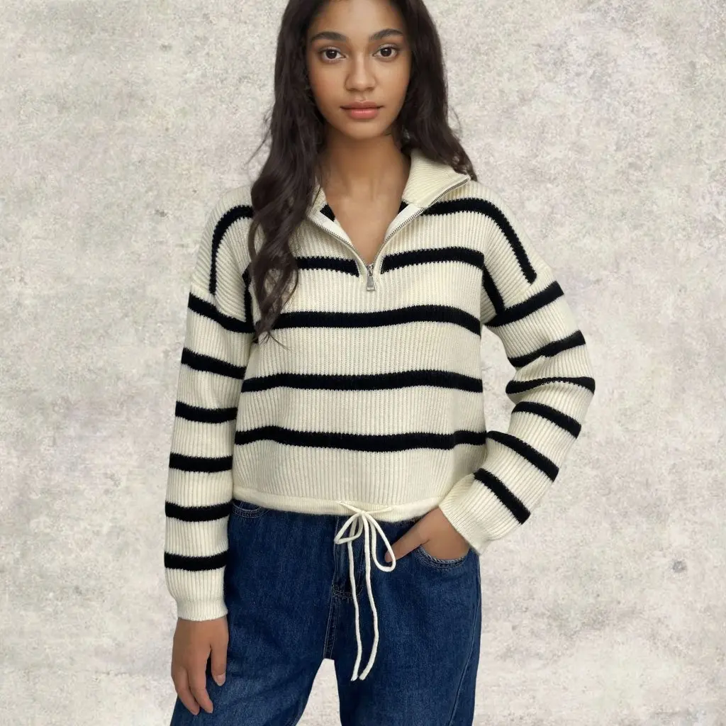 

Women's Knitted Striped Sweater Half Zipper Lapel Loose Fit Short Cardigan European American Style Autumn Winter Outerwear
