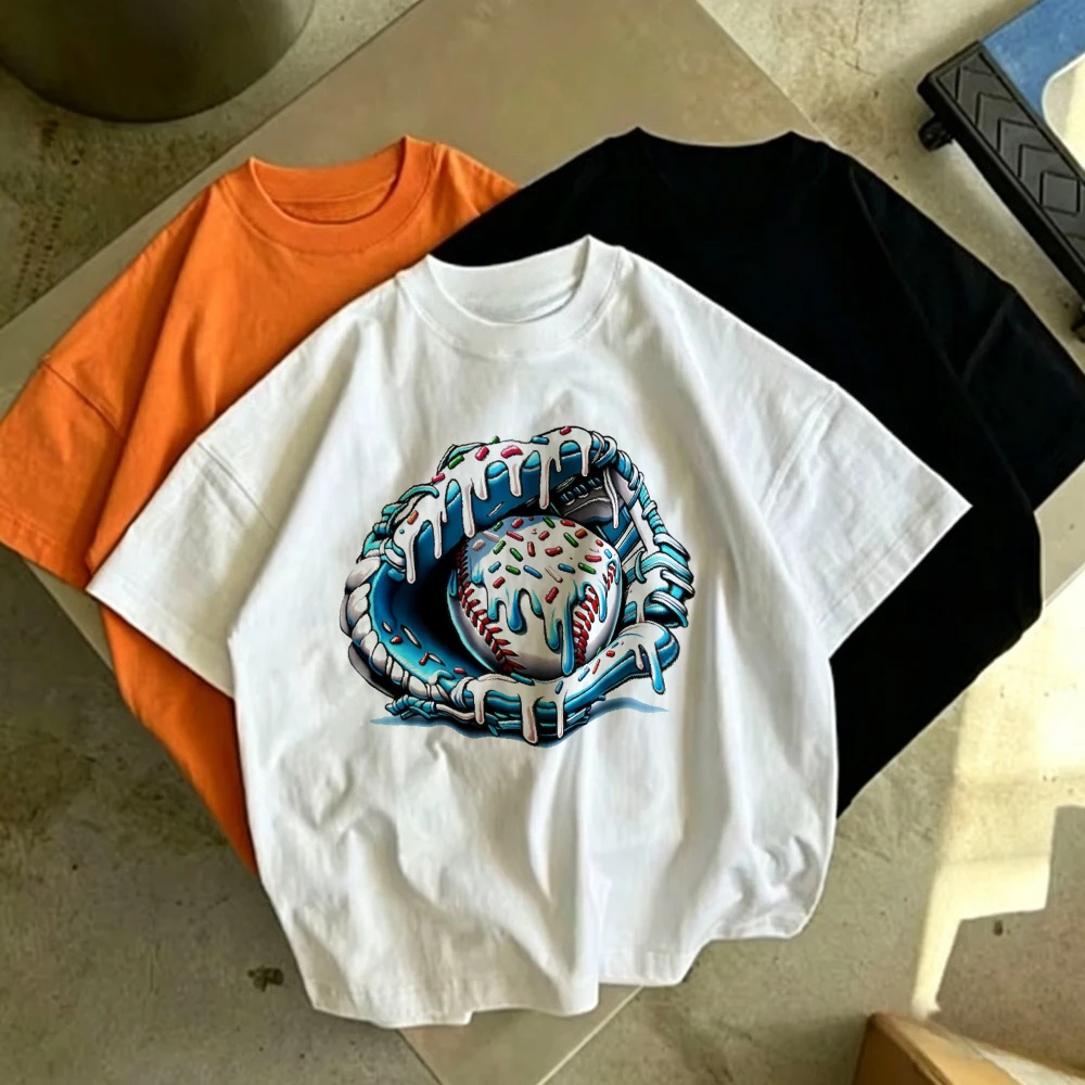 Dripping Donut Baseball Glove Graphic T Shirt Unisex Oversized Short Sleeve Tees Soft Cotton Colorful Sprinkles Baseball Print