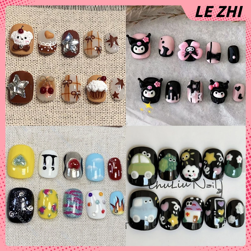 

10Pcs Sweet Lovely Animals Handmade Full Cover Nails Kawaii Cartoon Kuromi Cat Dog Pig Diamond Flower Bow Reusable Fake Nails
