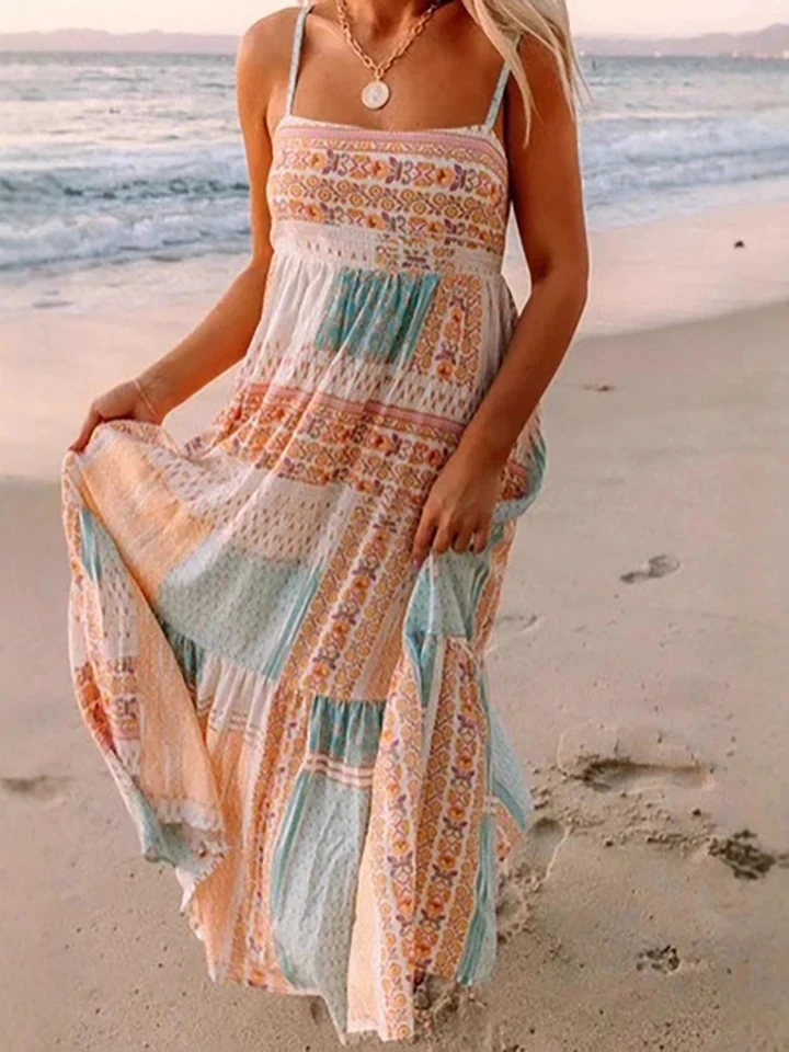 

Summer Backless Loose Pleated Beach Dress Elegant Lady High Waist Party Maxi Dress Casual Pattern Print Sleeveless Halter Dress
