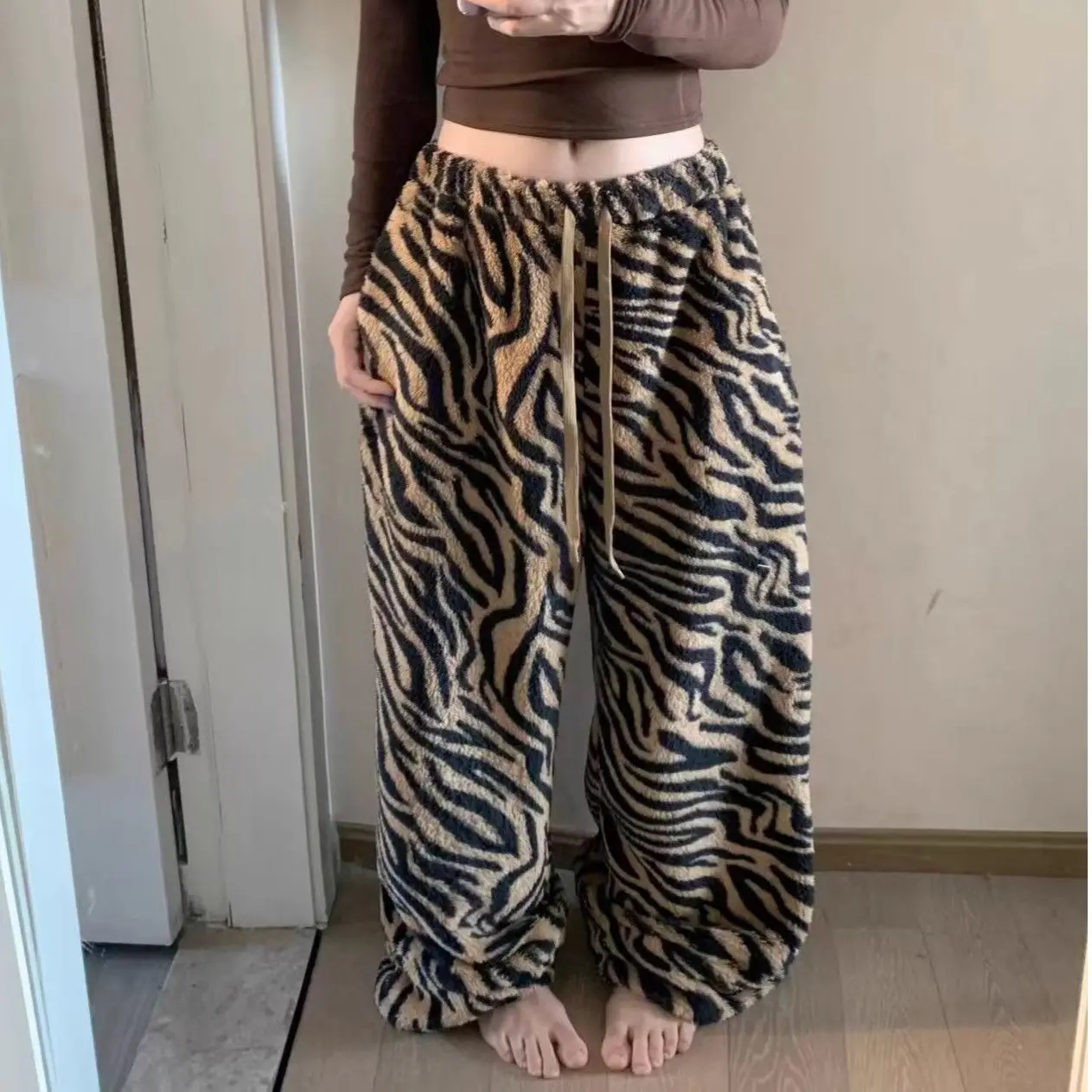 Tiger Pattern Double-sided Velvet Casual Pants Women's Advanced Sense Pear-shaped Body Loose Lazy Style Long Pants