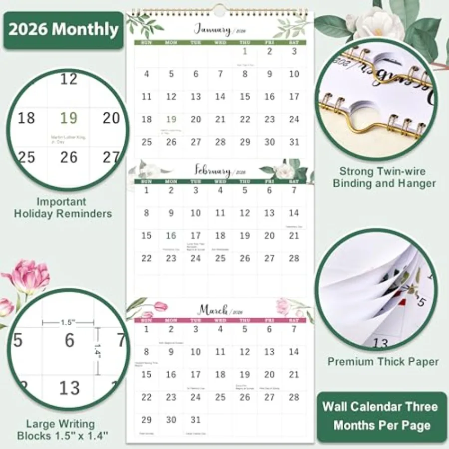2026 Calendar 3 Month Display Wall Calendar 2026 Jan. 2026 Dec. 2026 11.3" x 26" 3 Month Calendar with Thick Paper Vertical Cal