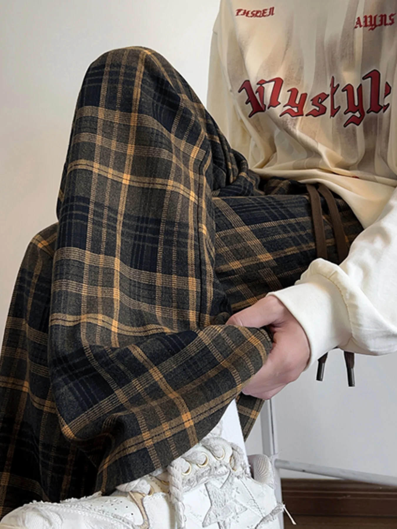 Lazy Design Koreaanse stijl herfst en winter nieuwe fleece gevoerde dikke geruite broek voor dames, losse casual veelzijdige afslankende warme fleece gevoerde wijde broek met hoge taille voor dames