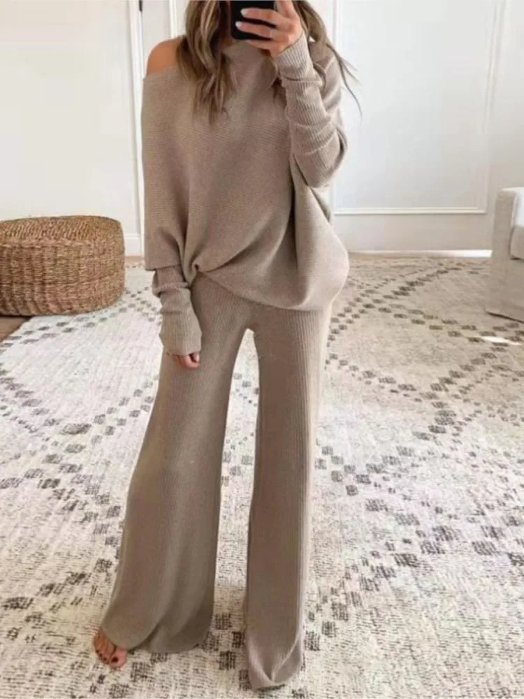 Fashion One-shoulder Long-sleeved Top + Straight Pants 2-piece Set Women Autumn Winter Solid Color Casual Knitted Suit Female