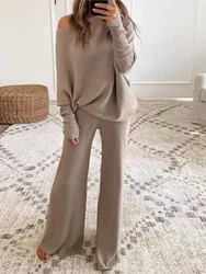 Fashion One-shoulder Long-sleeved Top + Straight Pants 2-piece Set Women Autumn Winter Solid Color Casual Knitted Suit Female