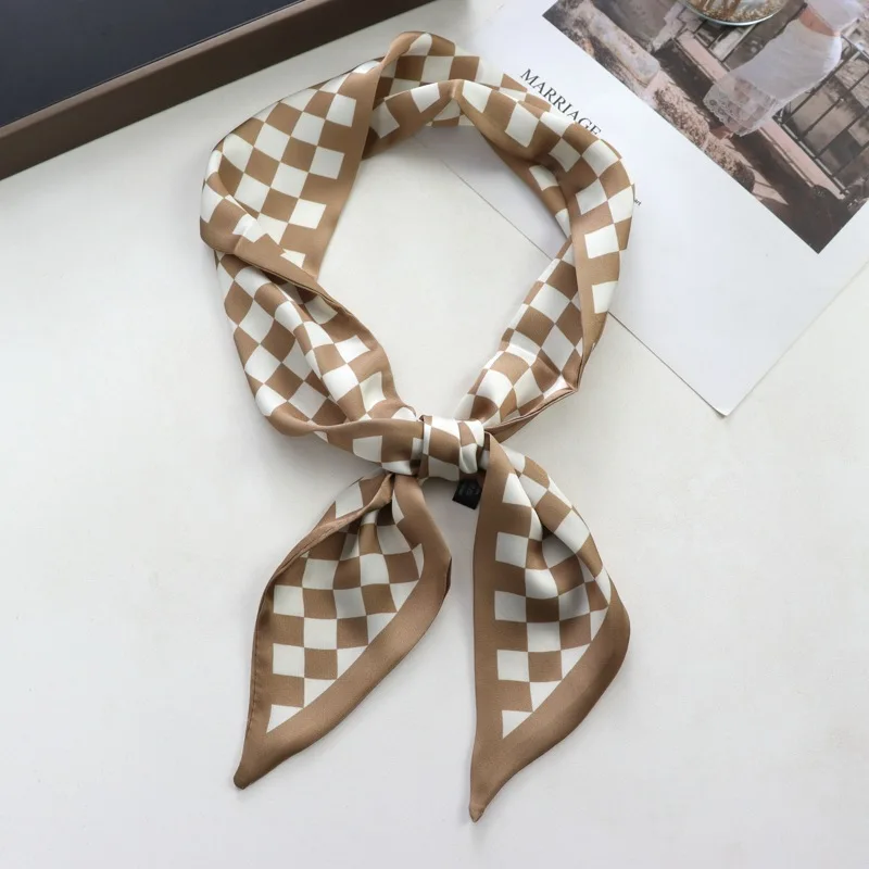 Frühling/Sommer Schachbrett Druck Band Hemd gepaart Schal für Frauen klassische dünne Halstuch dekorative Imitation Seide Stirnband – Detail 5