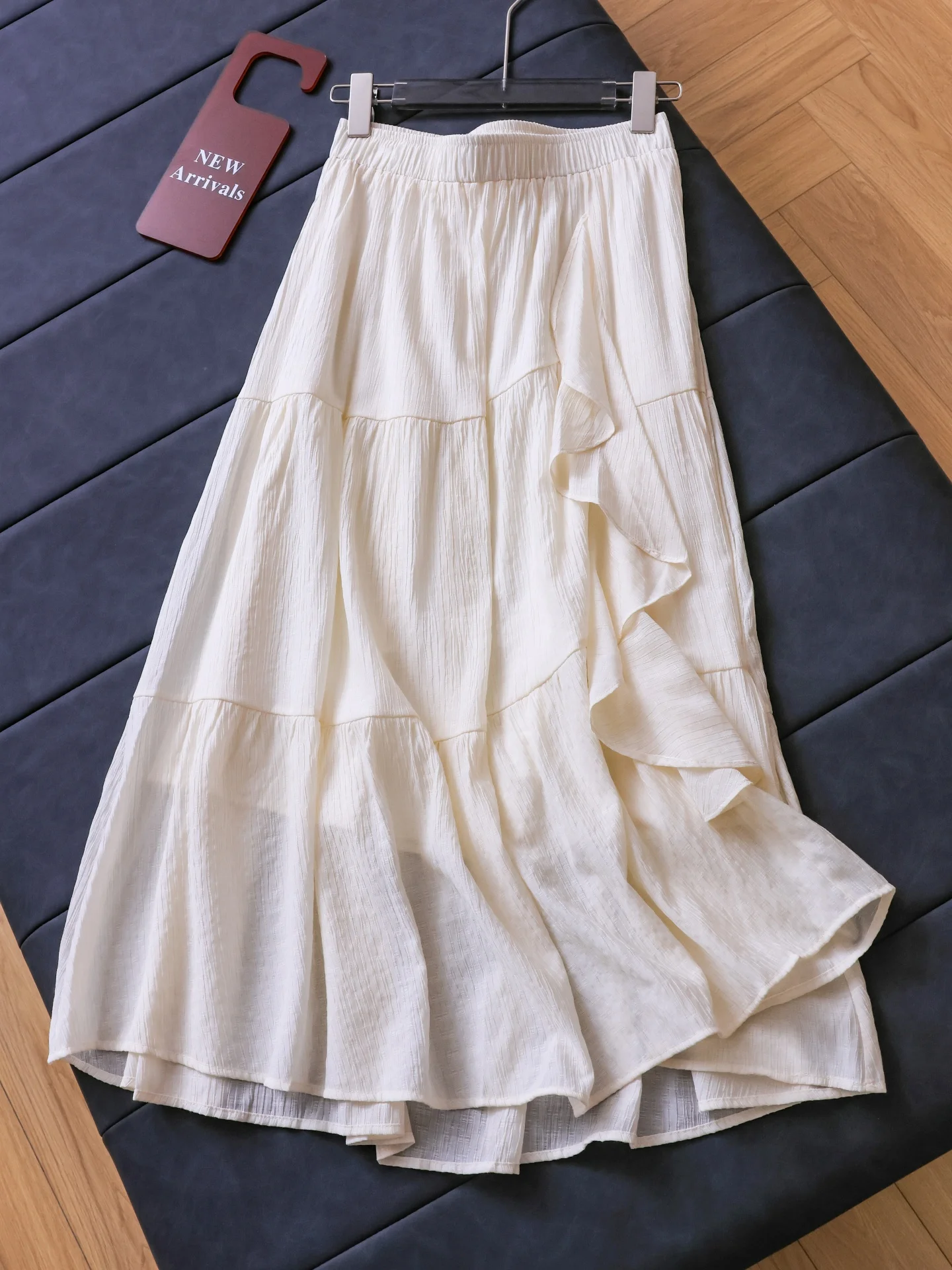High Waist A-Line Midi Skirt with Lace Hem Pure Color Loose Fit Women's Polyester Gown No  Summer 2026 Elastic Waist