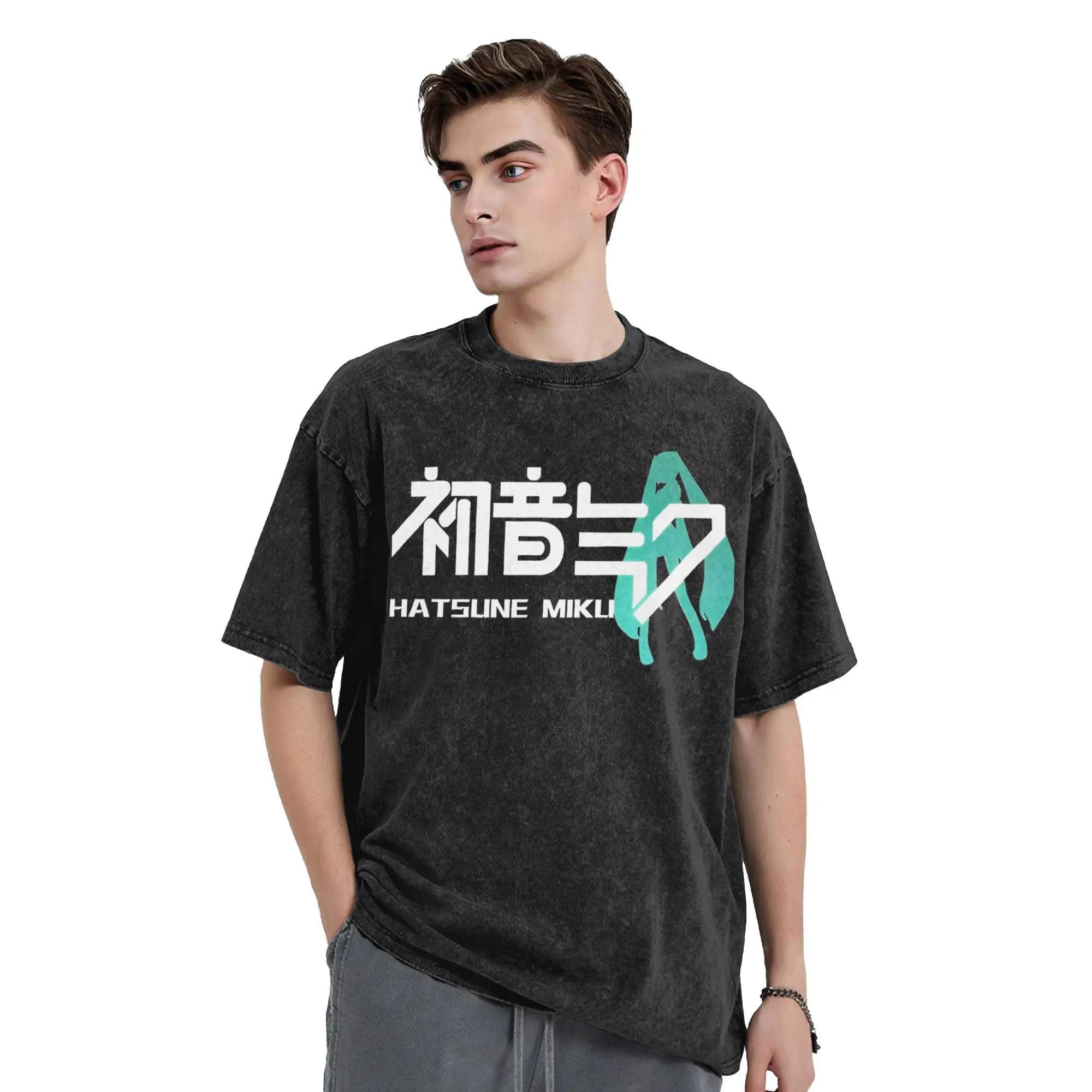 Miku Virtual Idol Japanese Anime Fans Washed T Shirt Streetwear T-Shirts H-HATSUNE MIKU Tees for Women Cotton Harajuku Summer