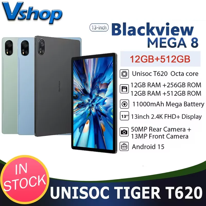 Blackview MEGA 8 Tablet 13 inch FHD+ Display Unisoc T620 12GB+256GB/512GB 11000mAh Battery 50MP Android 15 4G Tablets PC