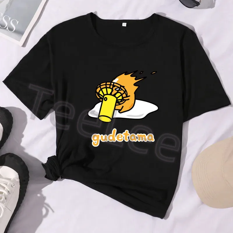 Gudetama Print Coffee Tshirt Japanese Anime Egg Graphic Black Tee Shirt Women Summer Short Sleeve Kawaii Top Streetwear