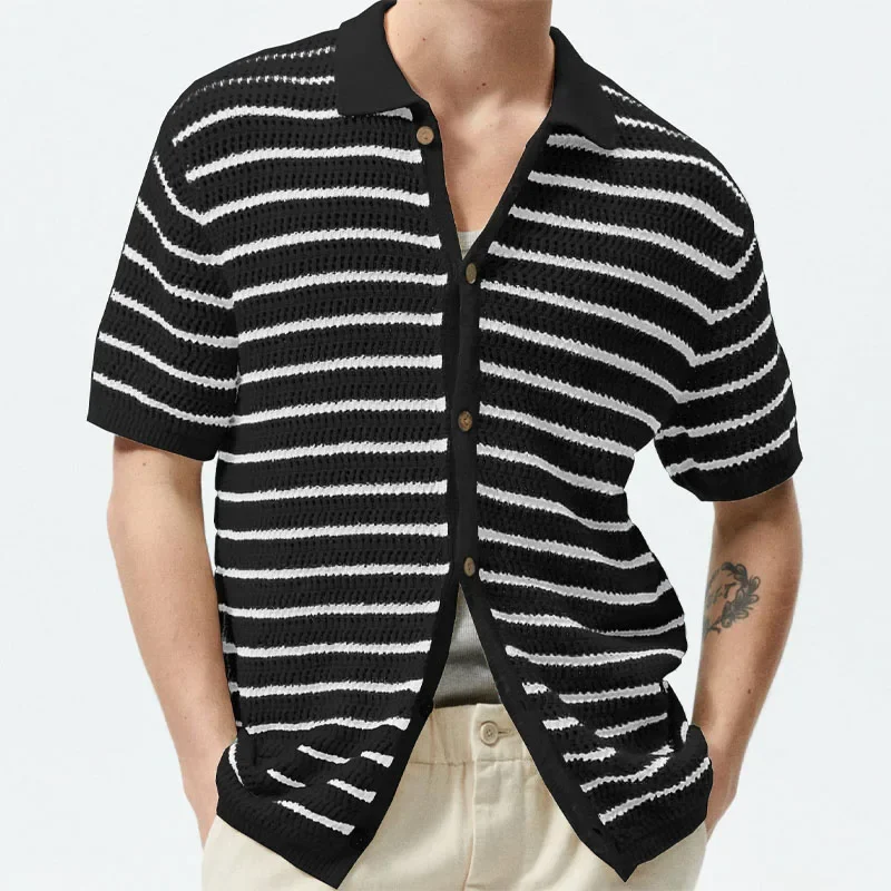 Men\'s Sexy See-through Knit Shirt Breathable Hollow Striped Shirt Summer New Men\'s Thin Coat Men\'s Clothing Hawaiian Shirt Tops