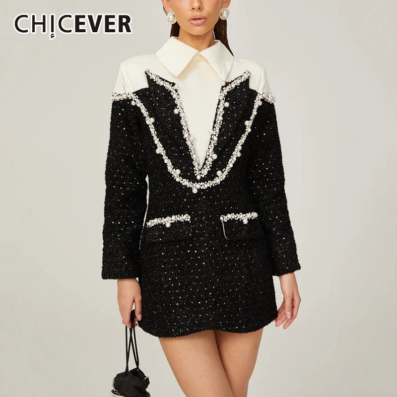 CHICEVER Banquet Spliced Beading Glitter Mini Dress for Women Laple Long Sleeve High Waist Chic Luxury Dress with Pockets Female