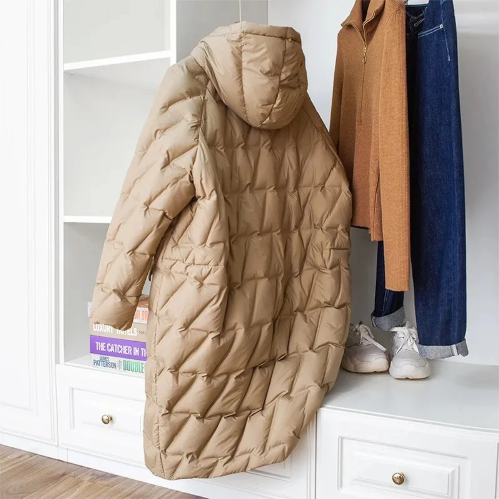 Pato branco para baixo casaco feminino 2025 novo outono inverno roupas femininas longo com capuz puffer jaqueta senhora moda lazer solto casaco quente