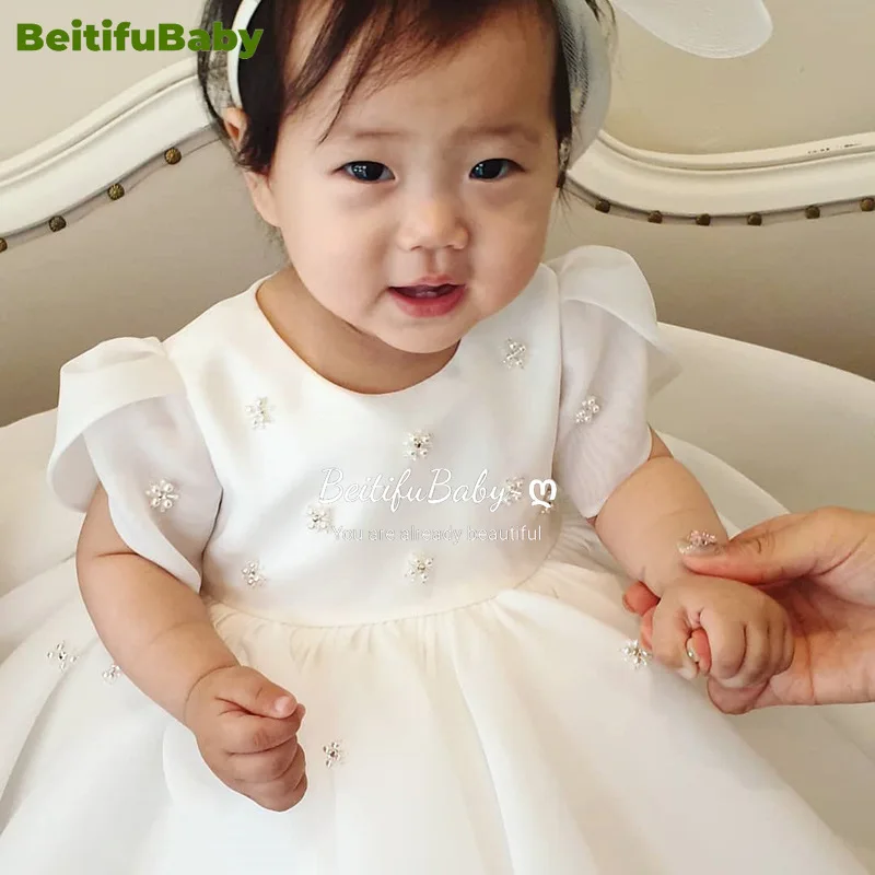 BeitifuBaby Flower Girls Dresses Princess Style Round Neck Pearl Decoration Short-sleeved Gown Ball Wedding Dress for Children