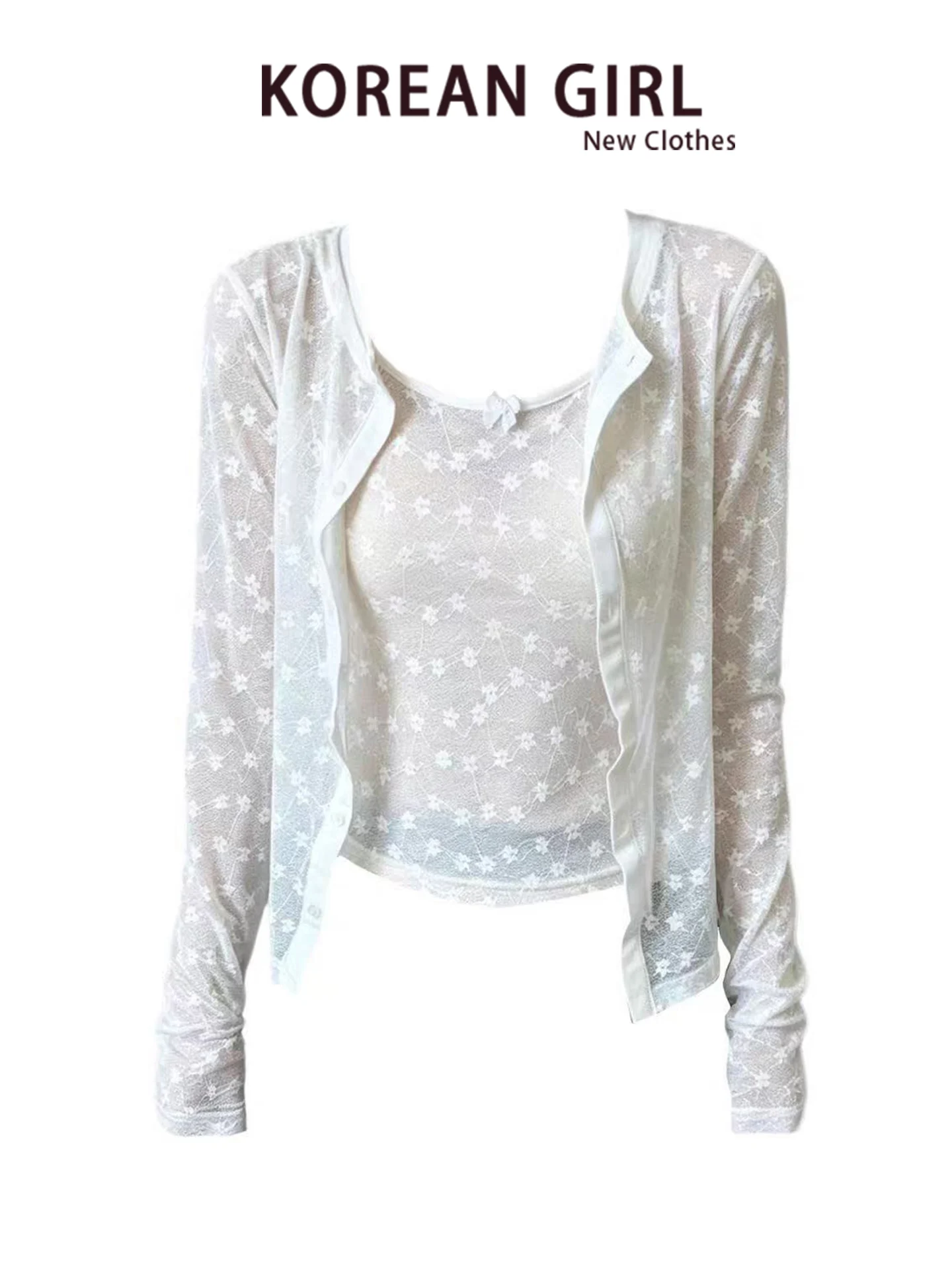 Korean Style Floral Lace Embroidery Slimming Two-Piece Set Women's Autumn Open Cardigan Strap Top Casual Fashion Ensemble