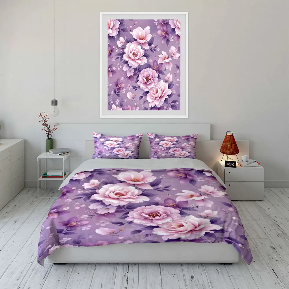 Purple floral pattern on lavender background Duvet Cover Set Digital Print Colorful Polyester Bedding with Zipper Closur  gifts