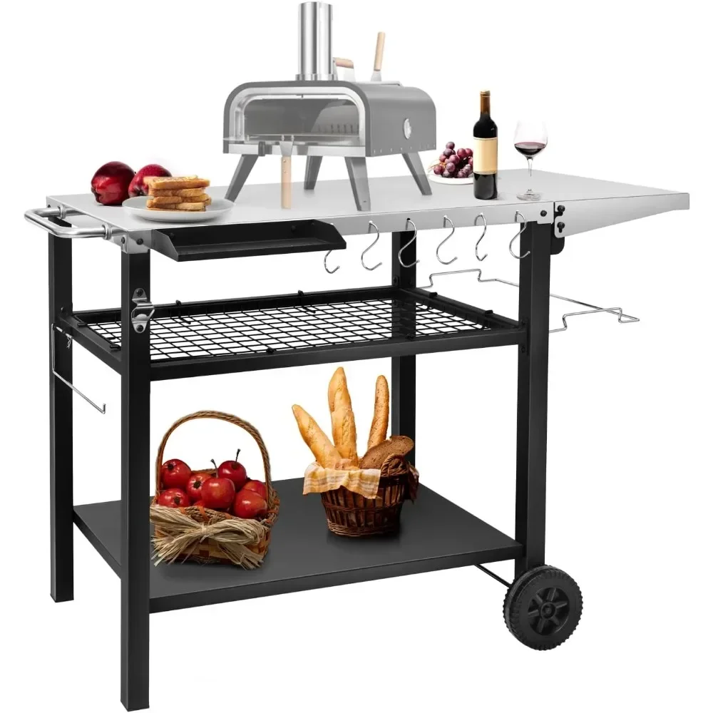 

Outdoor Grill Cart Table Pizza Oven Stand, Three-Shelf Stainless Steel Food Prep Table Patio BBQ Grill Bar Cart Kitchen Island