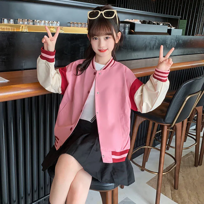 Children Jacket Girls Baseball Uniform Casual Bomber Jacket Kids Back Cartoon Embroidered Sport Coat Spring Fall Outerwear 3-12Y