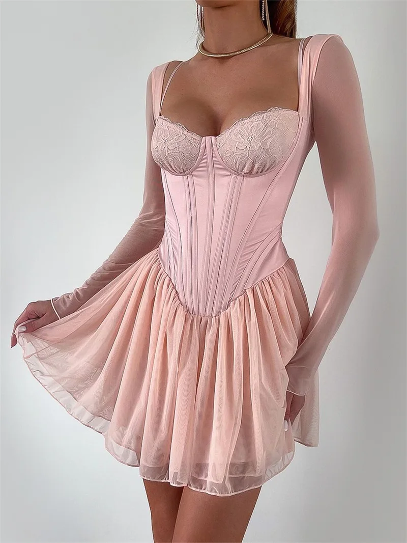 Sheer Net Deep-V Neck Women's Prom Dress Backless Pleated Short Mini Pink Sheath Slim Evening Skirt Spicy Girl Newest In Stock