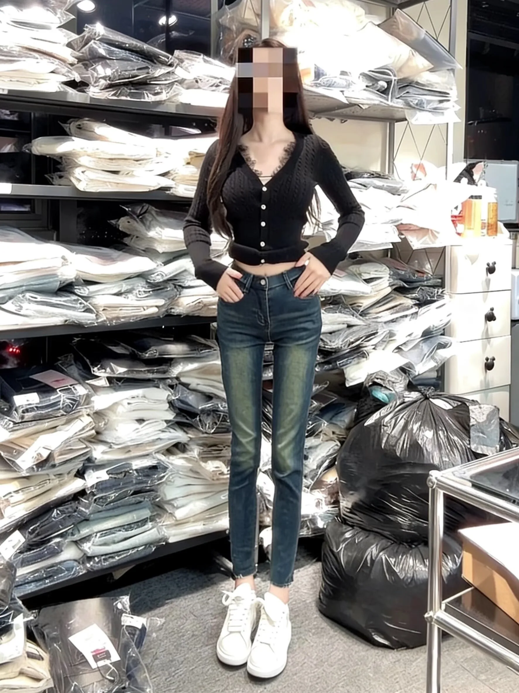 

Retro American High Waist Elastic Slimming Jeans Women's Faionable Casual Cotton Stretch Denim Bootcut Nine Point Jeans