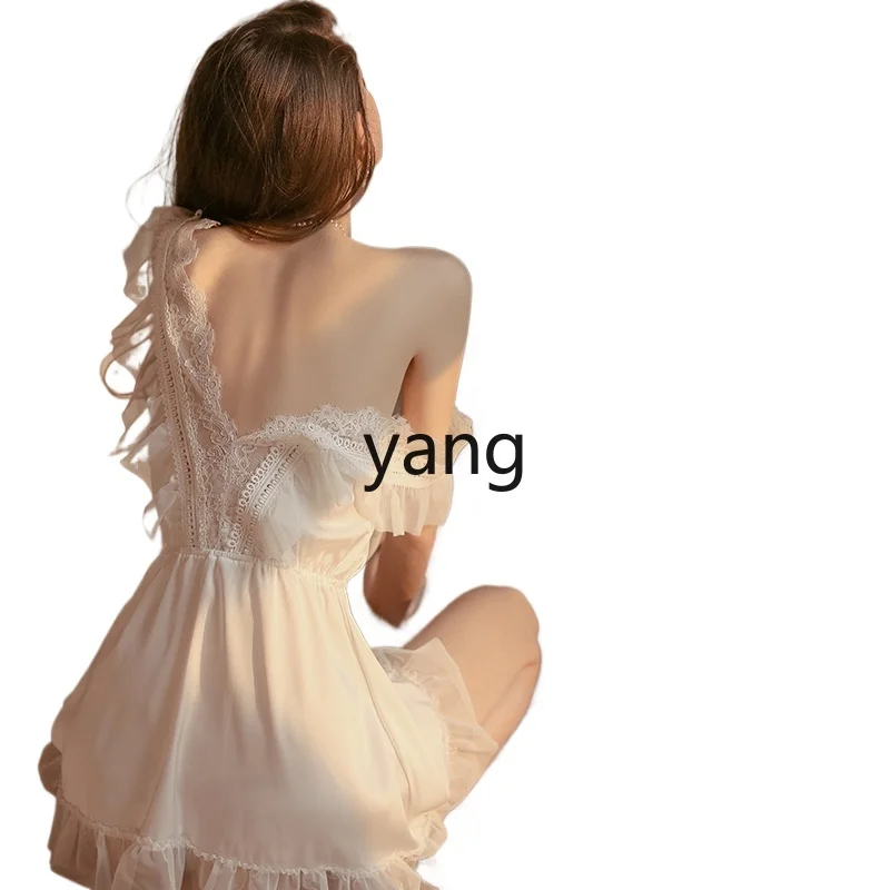 

LMM women's nightdress women's summer dress with chest pad ice silk lace suspender nightdress