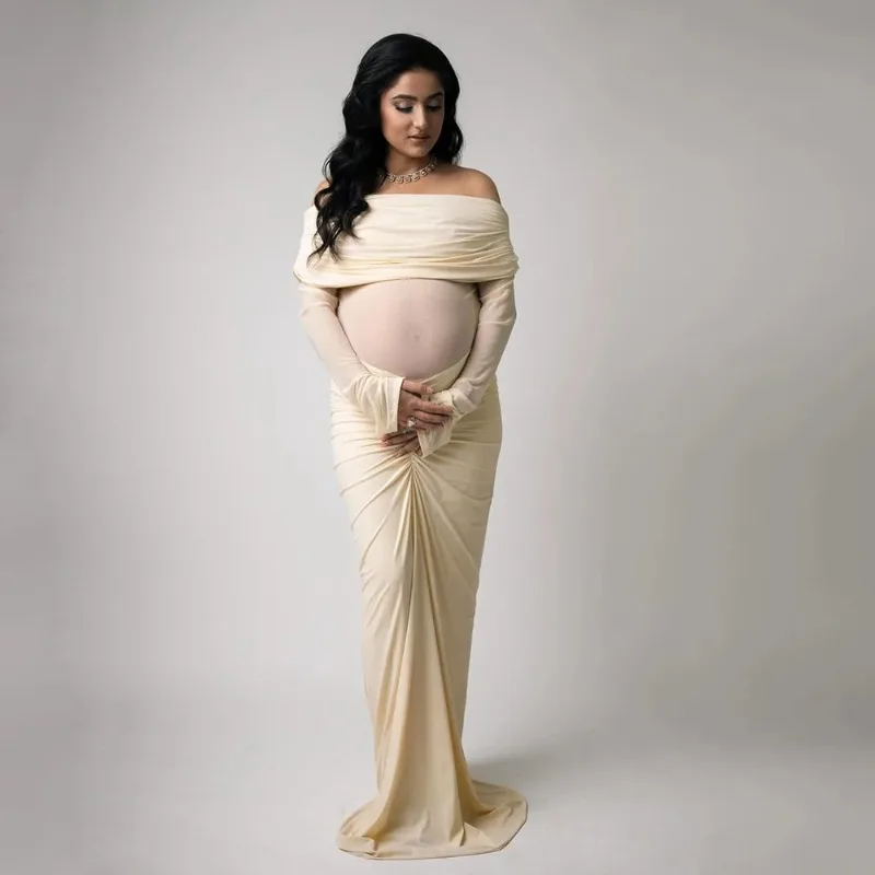 Off Shoulder Maternity Gown Long Sleeve Ruched Belly Maxi Dress, Stretch Bodycon Mermaid Photoshoot Dress For Baby Shower Party view 4