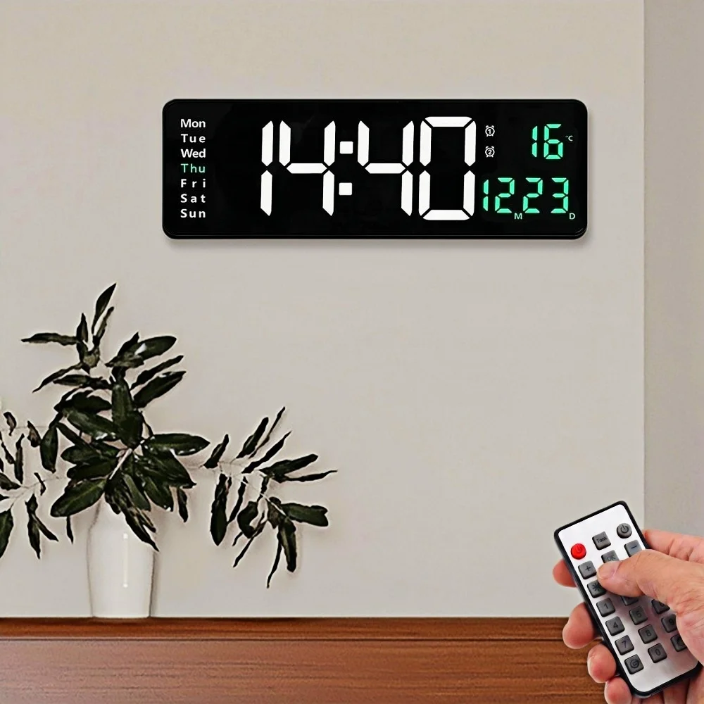 15.24 Inch Large Digital Wall Clock with Remote Date and Temperature Auto Dimming Timing 12/24H LED Alarm Clock for Yoga Gym
