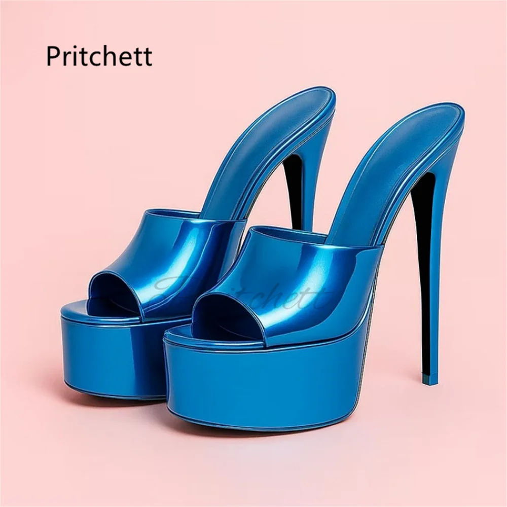 

Leather Peep Toe Mules Slippers for Women Sexy High Platform Summer Pull On Shoes Solid Stiletto Heels Office Party Shoes