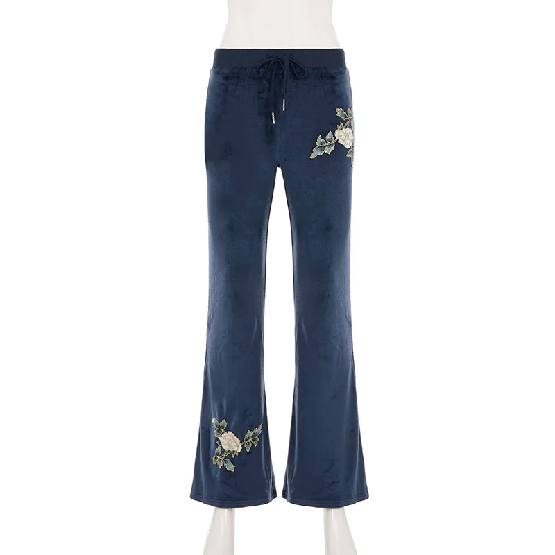 Novo cordão de cintura baixa confortável estilo casual bordado impressão magro ajuste calças casuais para mulher