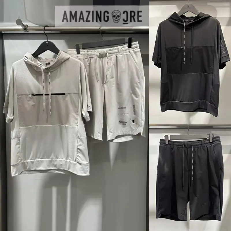 

Golf Apparel Men's Casual Fashion Hooded Sweatshirt Short-Sleeve Top Color-Blocked Shorts Set