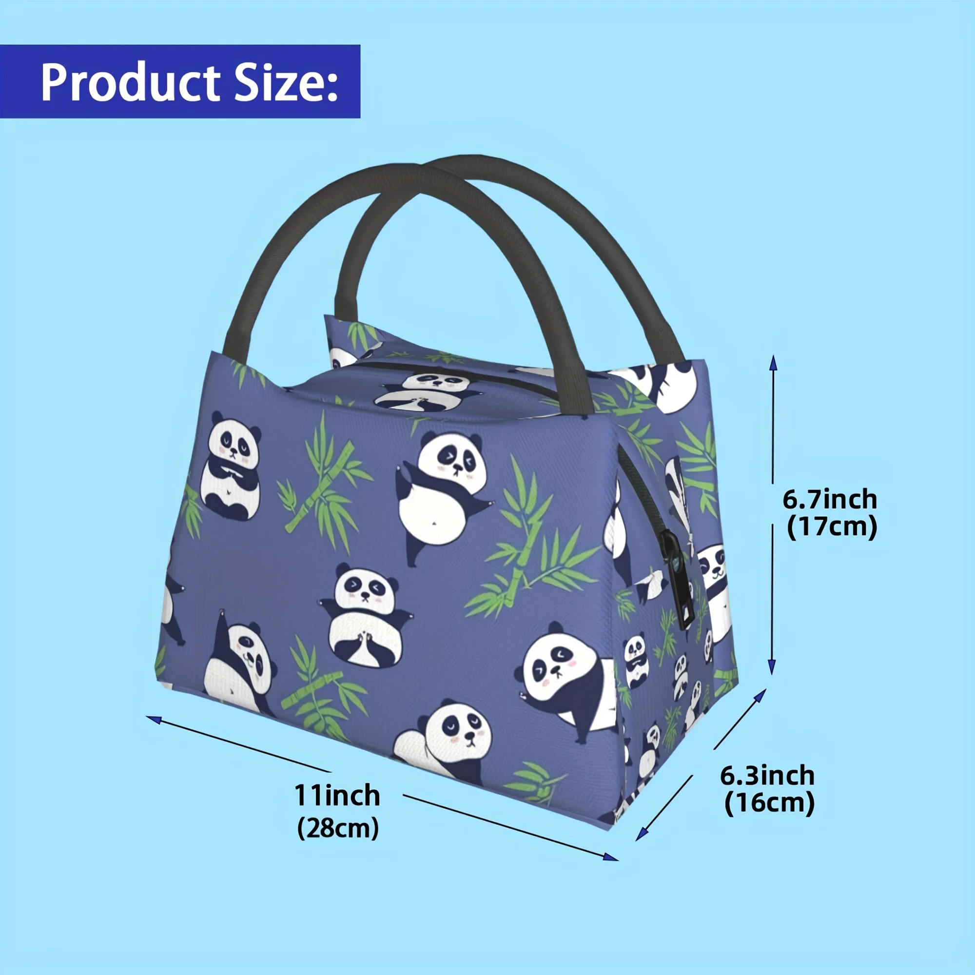 Cute Panda Bamboo Print Lunch Bag Blue Base Cartoon Panda Pattern Insulated Tote Reusable Cooler Bag for Kids Panda Lovers