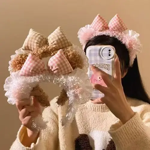 Headband Plush Cute Bear Ear Pink Ribbon Bow Comfortable Face Wash Daily Hair Holder for Women Home Premium Quality Durable