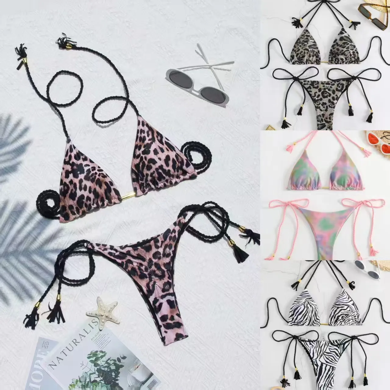 ชุดว่ายน้ำลายเสือดาวสำหรับผู้หญิง ชุดบิกินี่แบบผูกเชือก ชุดว่ายน้ำสองชิ้นทรงสามเหลี่ยม ชุดว่ายน้ำบราซิลเลียนบิกินี่สำหรับผู้หญิง