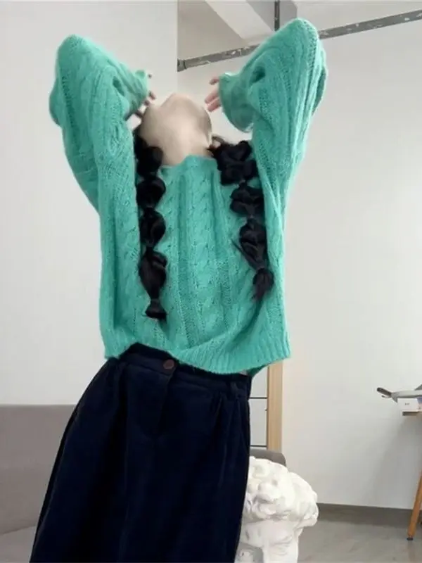 En محبوك سترة المرأة فضفاضة تناسب طويلة Sve جولة Ne البلوز Dopne Faion الكورية Sle الخريف الشتاء الملابس