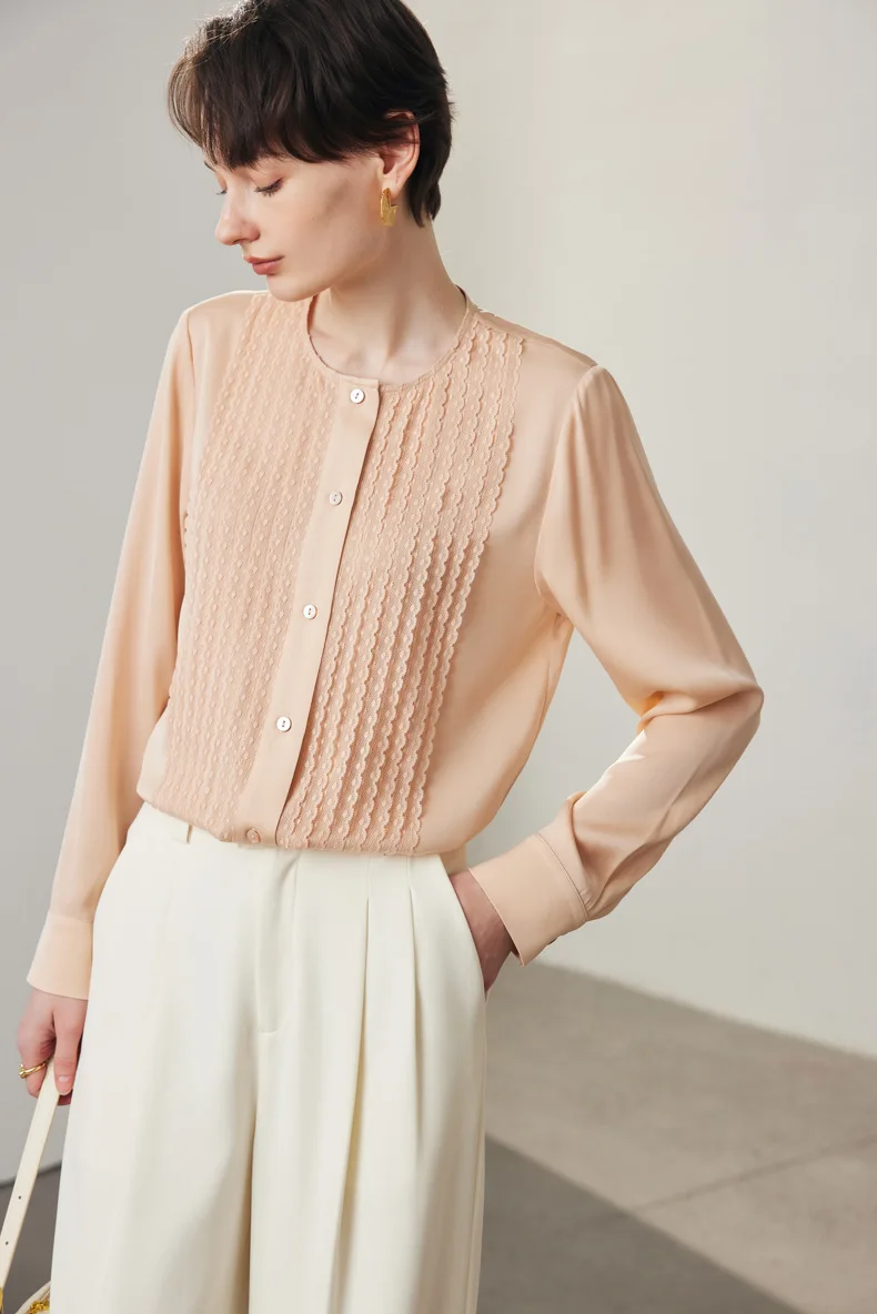 90% Silk 10% Spandex Women's Shirt O Neck Long Sleeves Ruffles Elegant Fashion Blouse Tops