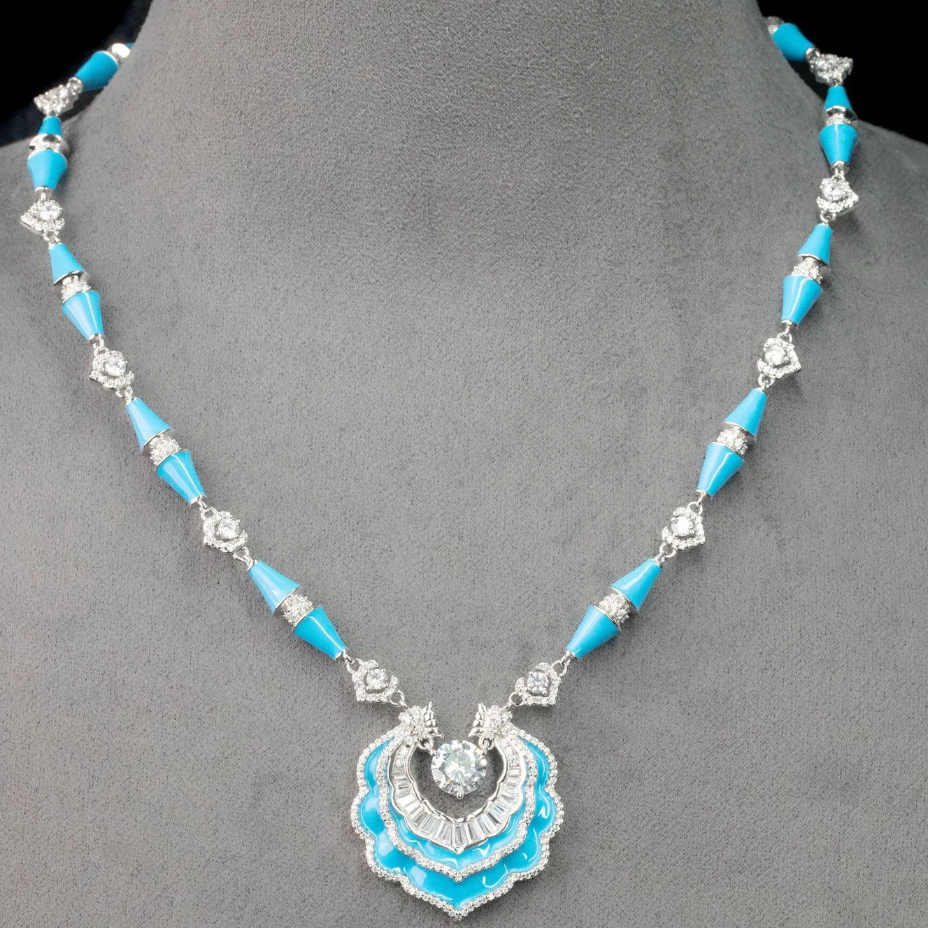 

KQDANCE Luxury Solid 925 Silver with High Carbon Diamond Geometric Blue Turquoise Gem Stone Necklaces For Women Fine Jewelry