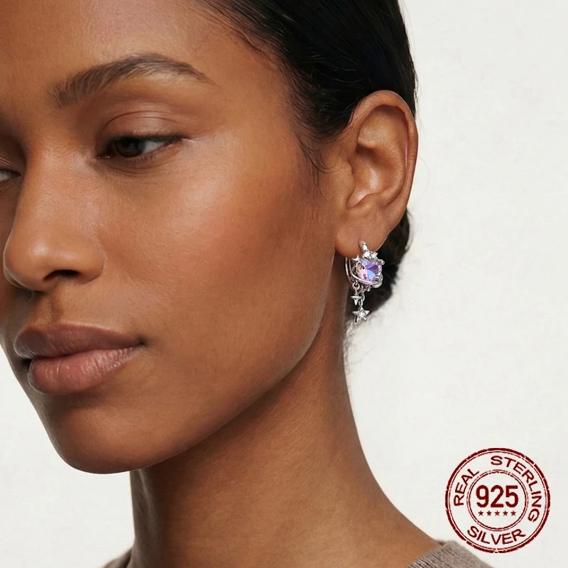 925 Sterling Silver Celestial Heart Planet Hoop Earrings Aurora Rainbow Hoops Moon & Star Dangle Earrings for Women Jewelry Gift