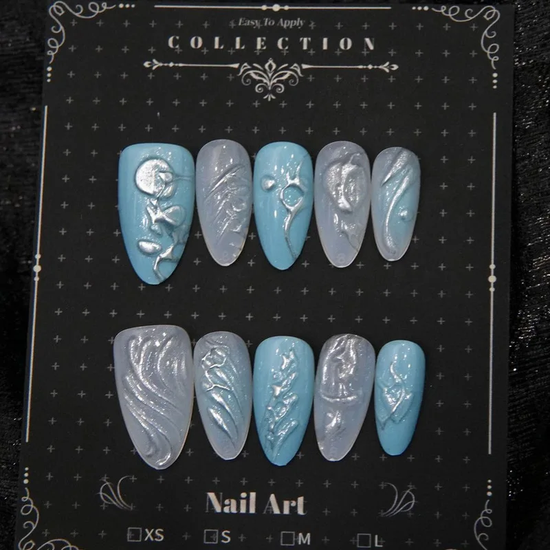 Handmade Medium Almond Press On Nails Baby Blue Silver Metallic 3D Rose Wave Fake Nails Gradient Mermaid Elegant Reusable False