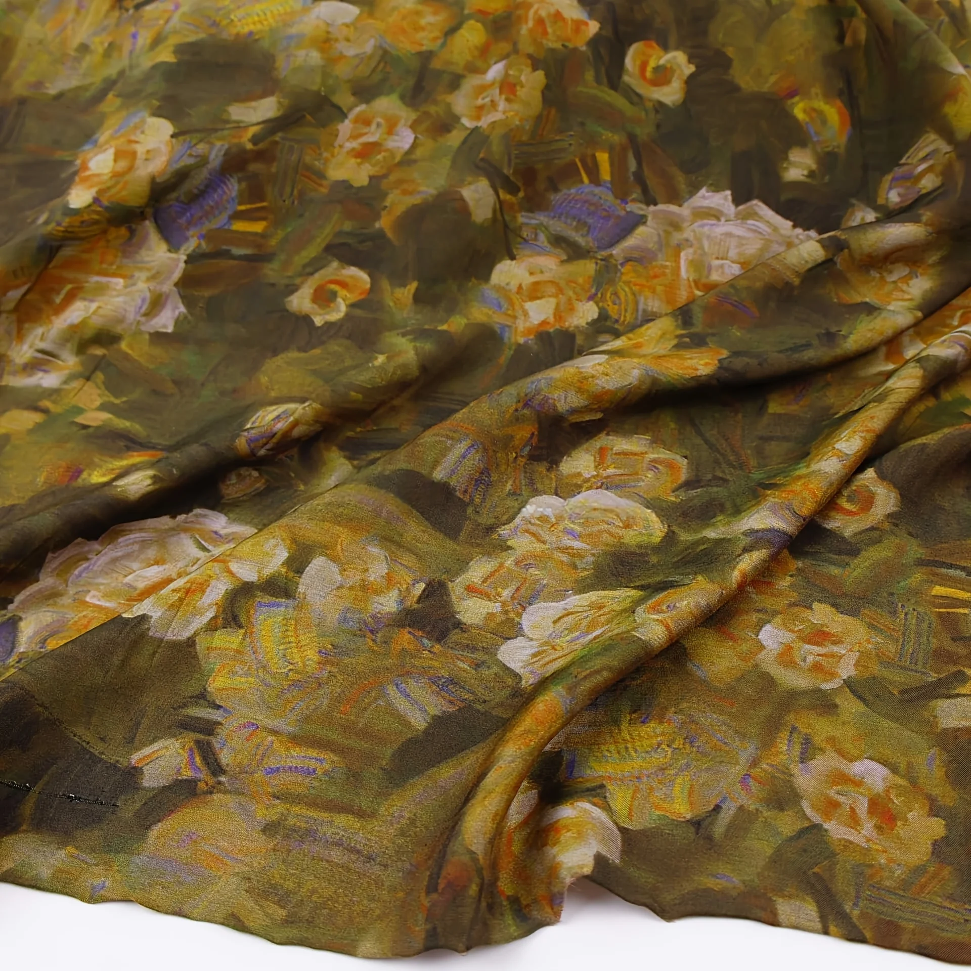 2 Yards of Retro Green-Brown Oil Painting Printed Imitation Fragrant Cloud Yarn Imitation Silk Fabric Cheongsam Shirt Fabric
