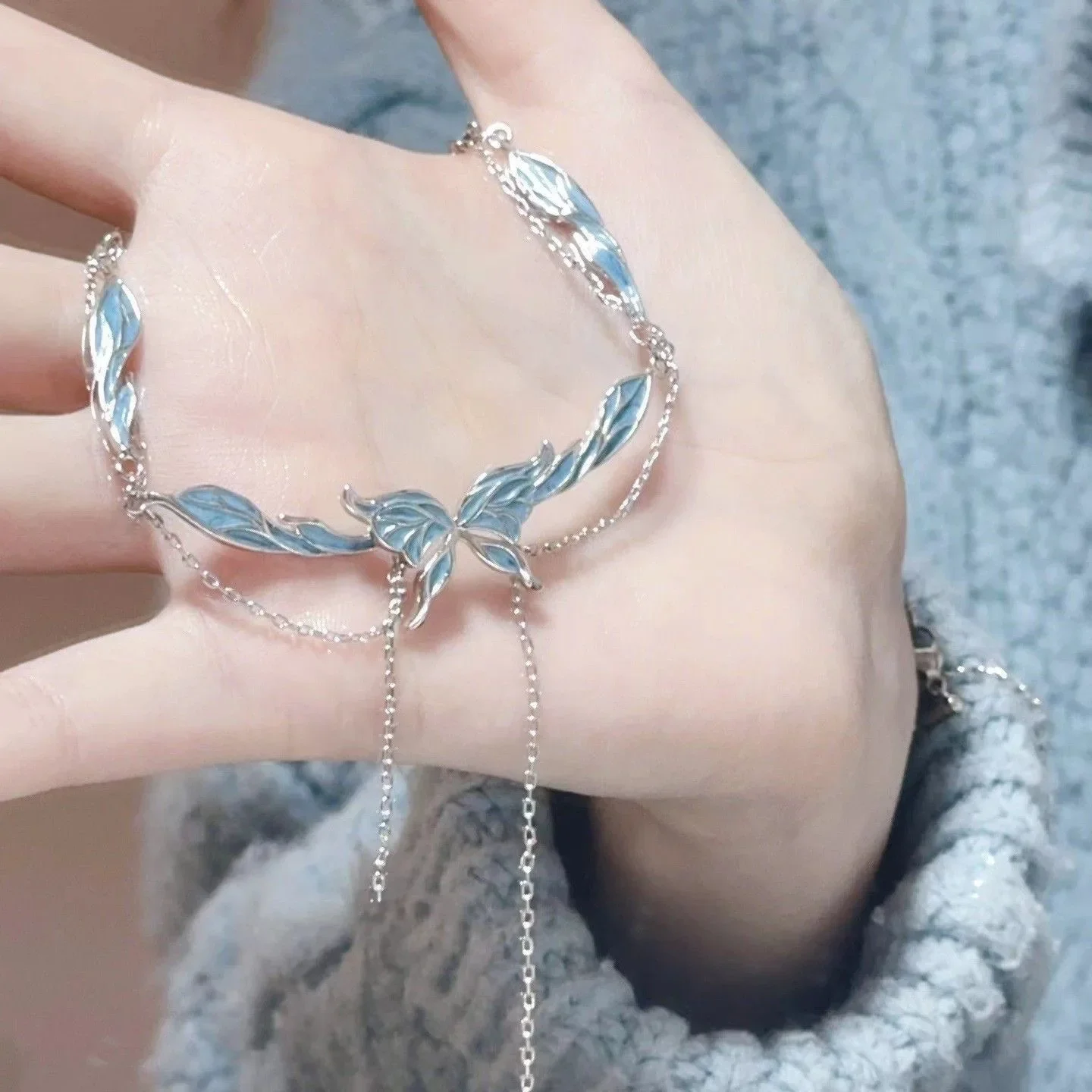 키링Romantic niebieski wisiorek z motylem naszyjnik zestaw pierścionków dla kobiet elegancki naszarny Ins styl lekki luksusowy łańcuszek do obojczyka dla kobiet