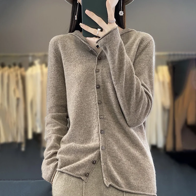 100% Merino Wool Sweater Cardigan Women Korean Fashion Coat Solid Color Top 2024 Spring/Autumn/Winter Women Hooded Cardigan