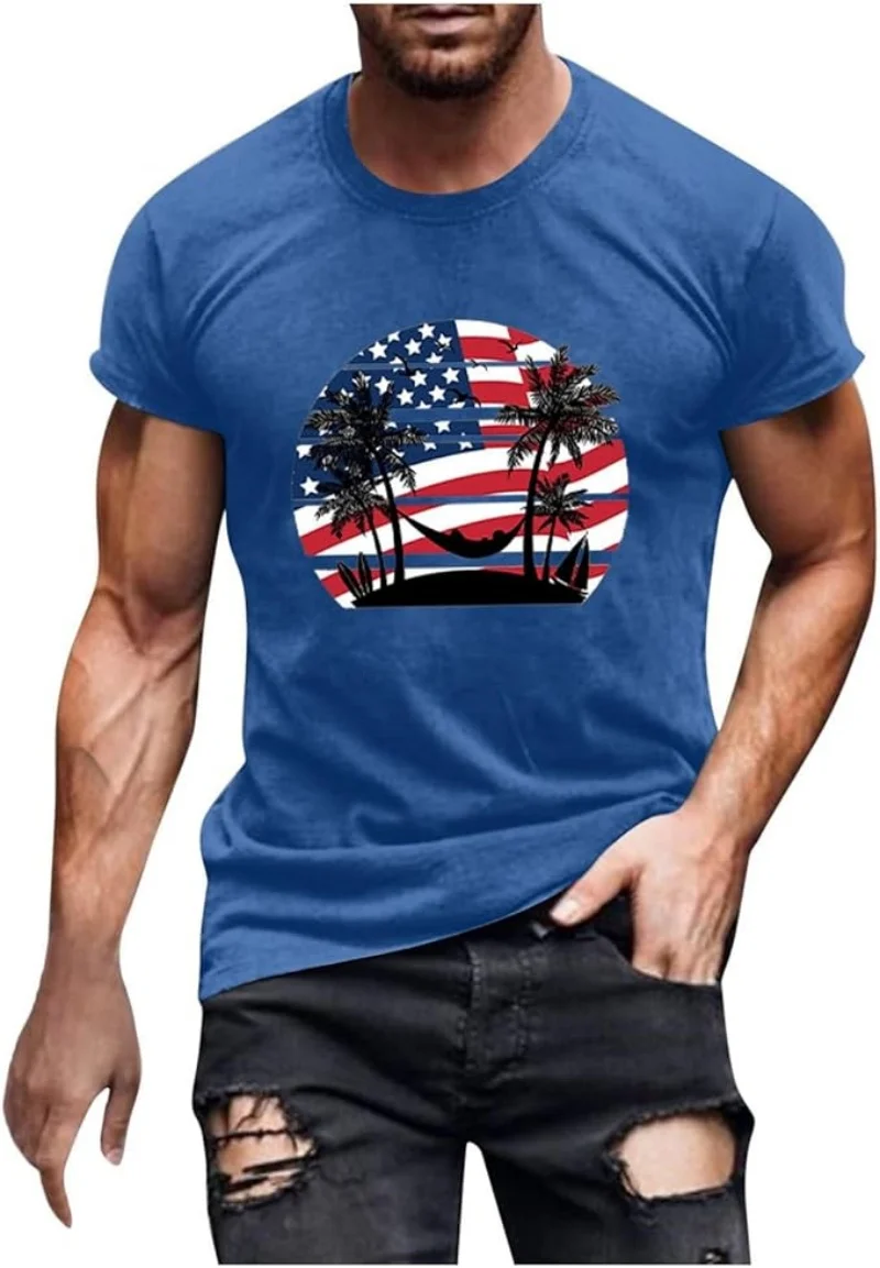 Men's Solid Color tshirts Independence Day 2D Printed Casual T Shirt Night Shirts for Men