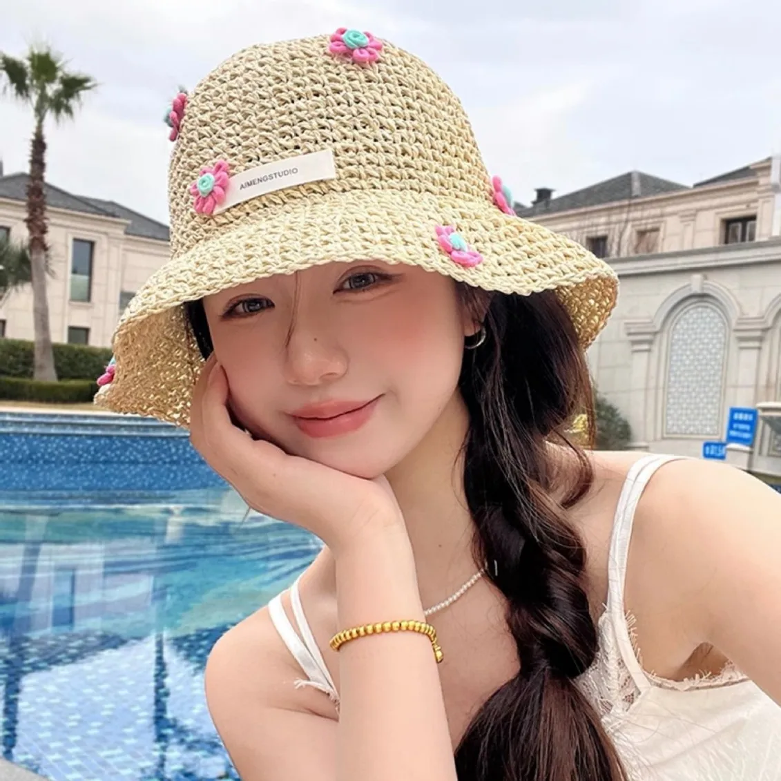 Spring/Summer Knitted Flower Pattern Small Fresh Sunscreen Hat Beach Hat Grass Hat