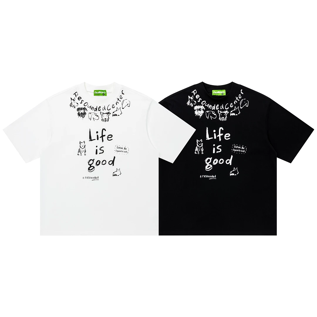 American Vintage Graphic Tee Men Women Hand Drawn Animal Letter Print Loose Couple Short Sleeve Tshirt