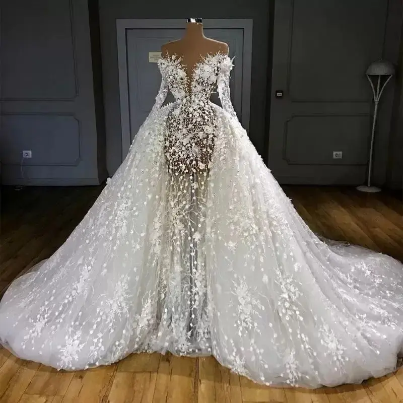 Customized Arabic Mermaid Wedding Dresses Bridal Gowns Detachable Train Long Sleeve Pearls Lace Appliqued