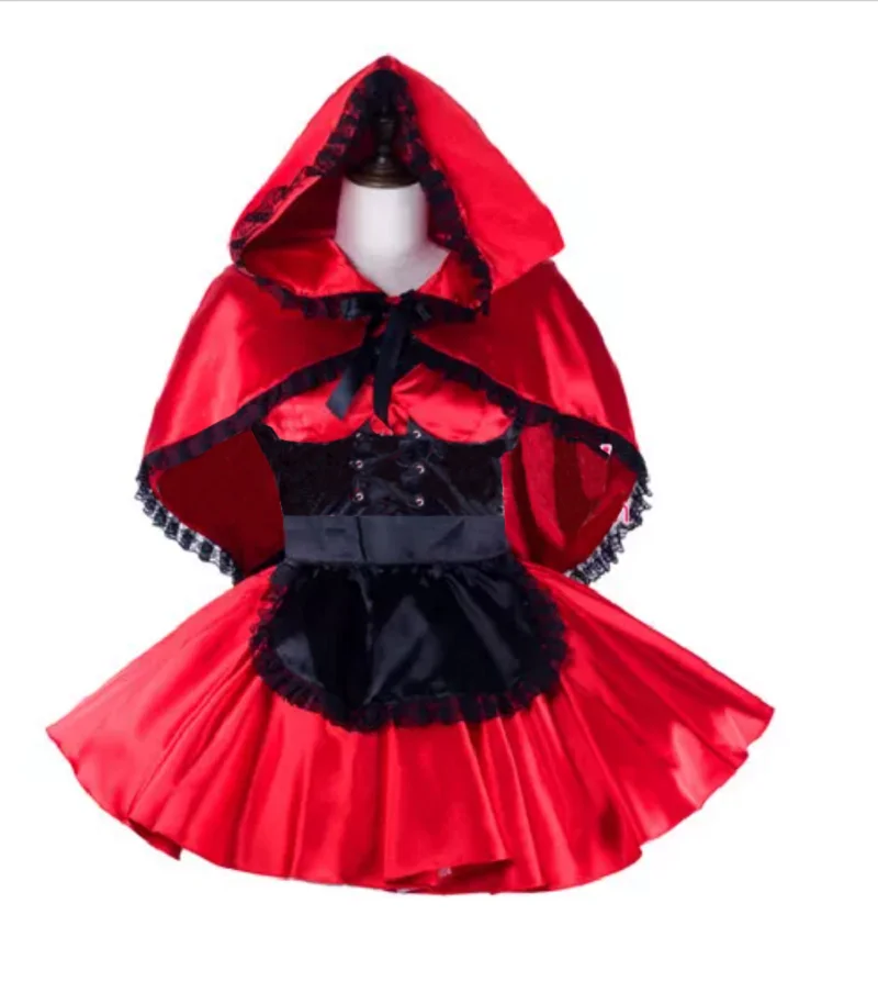 

French Adult Sexy Cross Dressing Sissy Girl Skirt Red Satin Skirt Black Apron Shawl Uniform Custom Dress