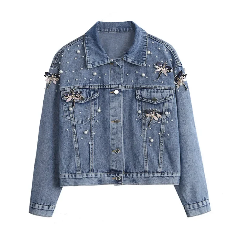 2025 Women's Korean Edition Loose Long Sleeve Short Coat Spring Autumn New Heavy Industry Five Dragonfly Nail Bead Denim Jacket